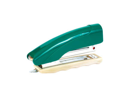 Green stapler, on white background, isolatedの写真素材