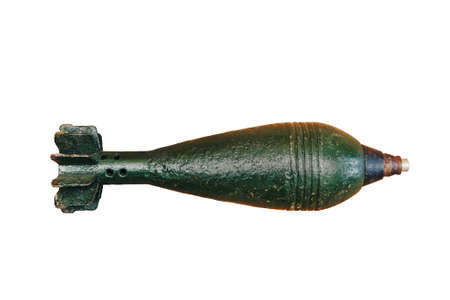 A mortar bomb 82 mm. Green shell of the second world war. On white background. In isolation.