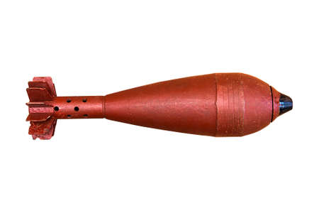 A mortar of 50 mm. Red shell of the second world war. On white background. In isolation.