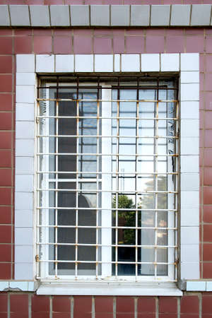 Barred window close-up. White grille on the window.
