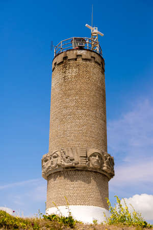Stone brick lighthouse close up. Lighthouse on the black sea, Big Utrishの写真素材