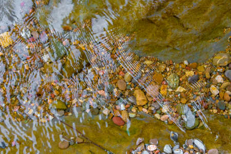 Colorful river pebbles under the water. Rocks in the streamの写真素材