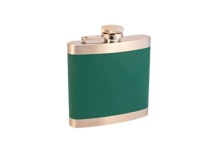 Iron flask for alcohol green color and silver lid on a white background, isolatedの写真素材