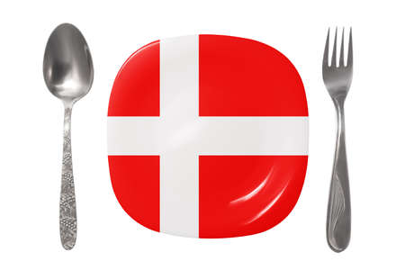 Plate with the Danish flag. An empty plate with a spoon and fork on a white background. Isolated imageの写真素材