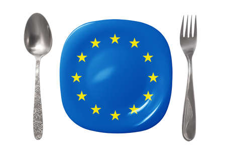 Plate with the European Union flag. An empty plate with a spoon and fork on a white background. Isolated imageの写真素材