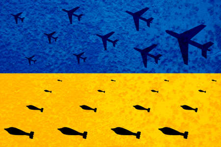 Air strike by Ukrainian aviation bombs. Modern Ukrainian military aircraft drop bombs on the background of the flag. The Bombing Of Ukraineの写真素材