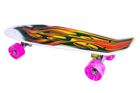 Penny board with a fire pattern on a white background, isolatedの写真素材