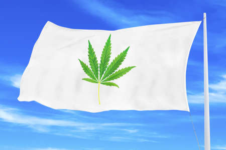 A flag with a picture of a hemp leaf flutters in the wind against a blue sky. Flag with a hemp patternの写真素材
