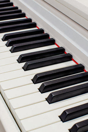 Piano keys taken at an angle. Piano black and white keysの写真素材