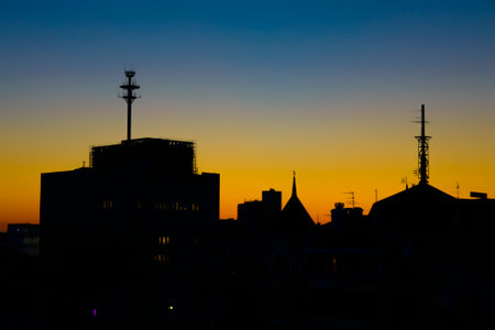The silhouette of the city. Urban silhouette with roofs and antennasの写真素材