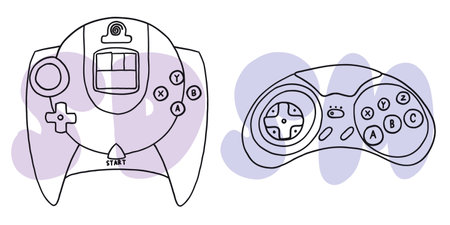 Hand-drawn game controllers set. Vector illustrations in cartoon flat style. Icons on white...