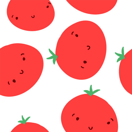 Seamless pattern of tomatoes in cartoon flat style. Vector illustration on white background.のイラスト素材