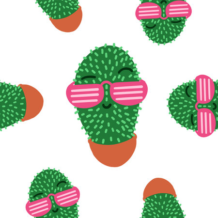 Cacti character in sunglasses pattern. Vector illustration in cartoon flat style isolated on white background.のイラスト素材