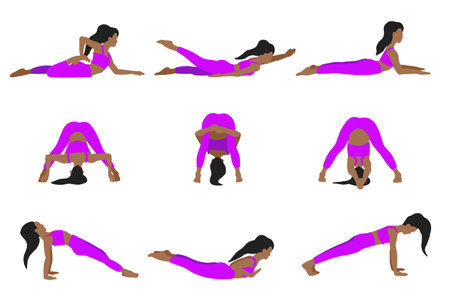 African American longhair woman. Yoga poses set in cartoon flat style. female woman girl. Vector illustration in cartoon flat style isolated on white background.のイラスト素材