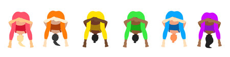Yoga positions collection. European, African, Asian. female woman girl. Vector illustration in cartoon flat style isolated on white background.のイラスト素材