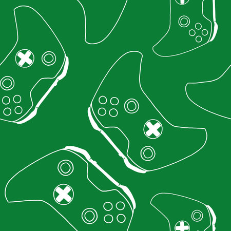 Seamless pattern of game controllers. Vector illustration in hand-drawn outline flat style on green backgroundのイラスト素材