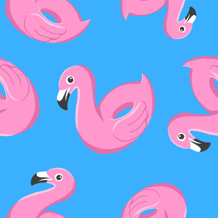 Seamless pattern. Flamingo swimming ring. Inflatable rubber. Vector illustration in cartoon style isolated on blue background.のイラスト素材