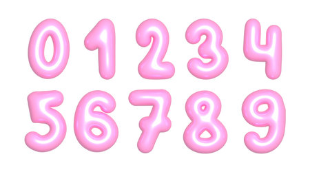 Pink Number Balloons from 0 to 9 3d rendered realistic design elements. Happy Birthday, Anniversary Party, Happy Valentine's Day, Wedding. 3d illustration isolated on white background (with alpha).のイラスト素材
