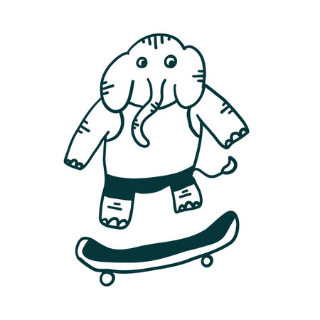 Elephant-skateboarder. Vector illustrations in outline doodle style isolated on white background.のイラスト素材