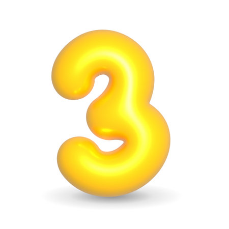 number three. 3 Yellow Balloon 3d rendered. Realistic design element for events. Happy Birthday, Anniversary Party, Happy Valentine's Day, Wedding and other events. 3d Render illustration isolated on white background with alpha channel.のイラスト素材