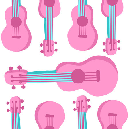 Pink guitar seamless pattern. Hawaiian Ukulele. Vector illustration in cartoon flat style.のイラスト素材