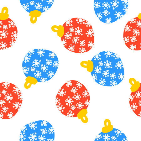 Red and blue balls hanging toy. Merry Christmas and Happy New Year. Vector seamless pattern of tree decoration in outline doodle style isolated on white backgroundのイラスト素材