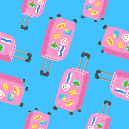 Pinks traveler's suitcase seamless pattern. Vector illustration in cartoon flat style isolated on blue background.のイラスト素材