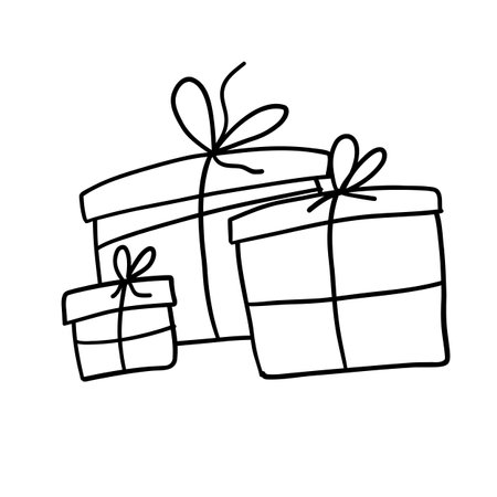 Christmas and New Year Gifts. Vector illustration in outline doodle flat style isolated on white backgroundのイラスト素材