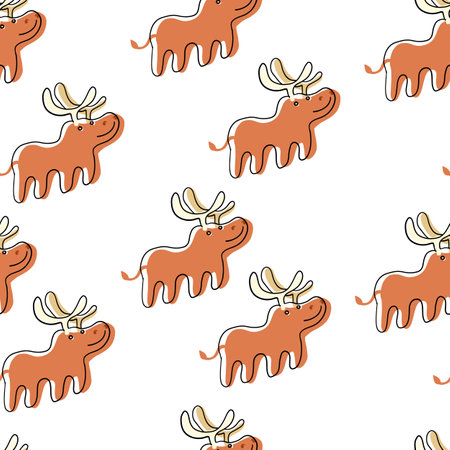 Cute Christmas Deer in cartoon flat style. Vector seamless pattern isolated on white background.のイラスト素材