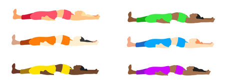 Flexibility yoga positions collection. European, African, Asian female, lady, woman, girl. Pilates, mental health, training, gym. Vector illustration in cartoon flat style isolated on white background.のイラスト素材