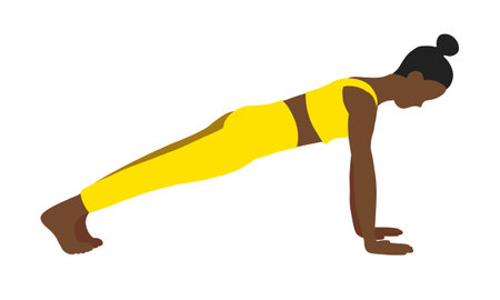Flexibility yoga position. African American female, lady, woman, girl with yellow track suit. Pilates, training, fitness, sport. Vector illustration in cartoon flat style isolated on white background.のイラスト素材