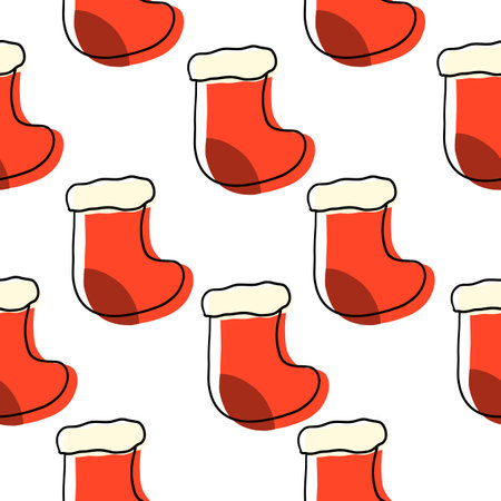 Christmas Sock in cartoon flat style. Vector seamless pattern isolated on white background.のイラスト素材