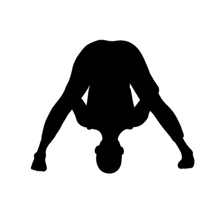 Training in yoga pose female character. Meditation, pilates, mental health. Black shadow style. Female, lady, woman, girl. Vector illustration in cartoon flat style isolated on white background.のイラスト素材