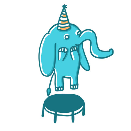 Happy elephant bouncing on trampoline. Vector illustration in cartoon flat style isolated on white background.のイラスト素材
