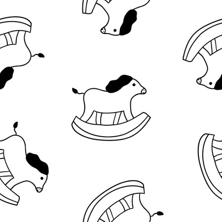 Cartoon Christmas Horse Toys seamless pattern in outline doodle style isolated on white background. vector illustration.のイラスト素材