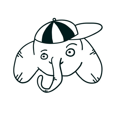 Elephant with cap. Vector illustration in outline doodle style isolated on white background.のイラスト素材
