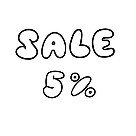 Hand written 5 percent sale black ink discount logo special offer lettering. Vector design illustration in outline flat doodle bubble style isolated on white background. For poster, menu, coupon.のイラスト素材