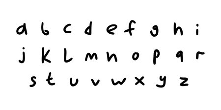 Fun characters black english latin abc alphabet font A to Z. Vector illustration in handmade doodle, handwritten doodle style isolated on white background. For wedding invitation, card, learning.のイラスト素材