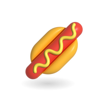 Appetizing delicious divine tasty 3d hot dog with mustard fast food icon. 3d rendered illustration in minimal realistic style isolated on white background. For vendor, menu card, design, delivery.の写真素材