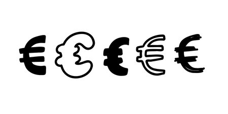 Sketched currency money finance sign icons Euro collection. Vector illustration in hand drawn cartoon doodle style isolated on white background. For decorating, typography, logo.のイラスト素材