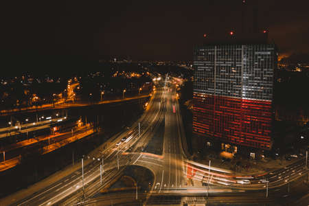 One of the buildings in Gdansk in the colors of the flag of Poland. November 11, 2021. Independence Dayの写真素材
