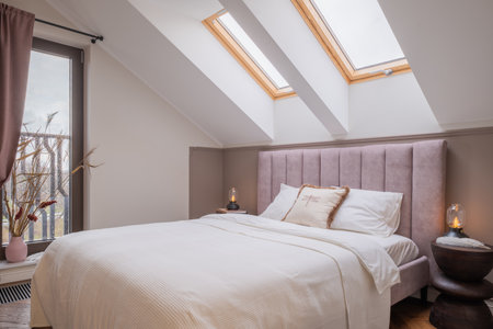 Bedroom with wood bed skylight, part of interior design of buildingの写真素材
