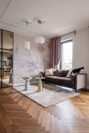 Living room with hardwood floor, couch, table, and rugの写真素材