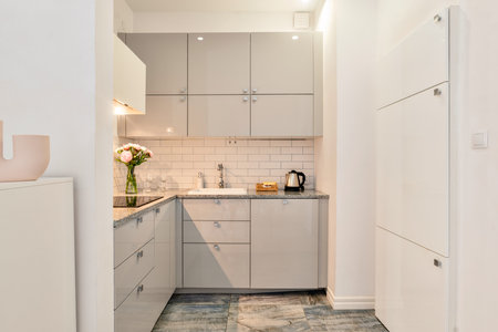 Discover a Modern Minimalist Kitchen with a Sleek Design and Bright Accents for your homeの写真素材