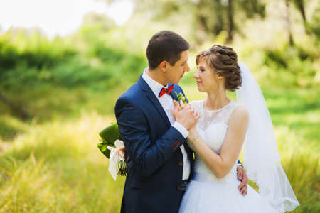 happy bride, groom standing in green park, kissing, smiling, laughing, embracing. lovers in wedding...