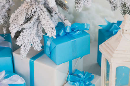 Closeup view of many holiday presents in white and blue wrapping paper under snowy branches of Christmas tree. Horizontal color photography.の写真素材