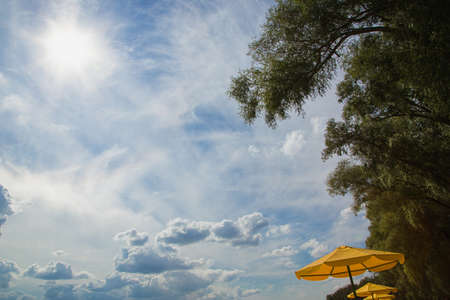 Point of view shot of river beach. Cloudy bright blue sky and sun overhead, green old trees and several yellow parasols. Horizontal color photography.の写真素材