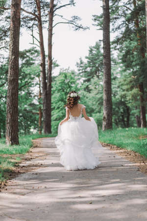 Brunette young bride with long beautiful curly hair. Woman with bridal elegant hairstyle decorated with fresh white flowers walking away from camera outdoors on summer sunny day.の写真素材