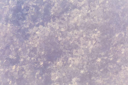 Closeup top view of beautiful sparkling sunny fresh real snow laying on frosty ground outdoors on...