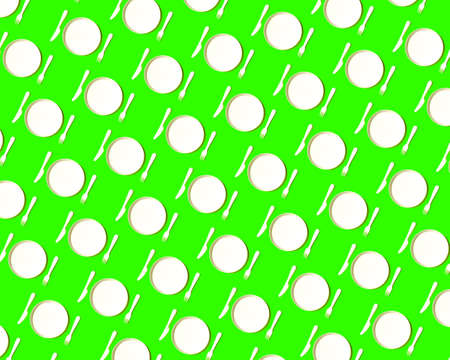 Plastic biodegradable empty plate, fork and knife on a green background. pattern top view
